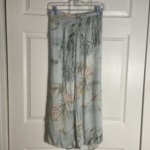 Oysho Pants Women Small Blue Floral Cropped Pull‎ On Water Lily Dragonfly Slit